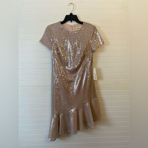 Eliza J Sequin Light Pink Ruffle Asymmetrical Hem Cocktail Dress NWT Size 10